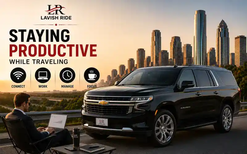 Black Chevrolet Suburban supporting productive long-distance travel with a comfortable interior, workspace setup, connectivity, and a quiet environment for business travelers.